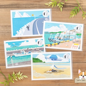 1 foglio / Attivo x Toshinori Mori / Cartoline estive TABINEKO / Vento di mare - Attraversamento verso un'isola - Argine in estate - Ombrellone estivo