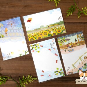 1 foglio / Attivo / Cartoline estive giapponesi 3D con strass / Hanabi (Fuochi d'artificio) - Stagno - Engawa (Portico) - Campo di girasoli