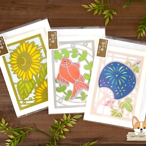1 carte 1 enveloppe | Actif | de voeux d'été pour découpe de papier | Tournesol - Poisson rouge - Uchiwa (éventail japonais)