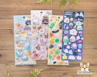 1 hoja / Q-lia / SPECIAL MOCHIRI Glow in the Dark Puffy Stickers w/ Rhinestone / Yuru Cafe Biyori - Fuku Hoka Bakery - Oishii - Obake Night