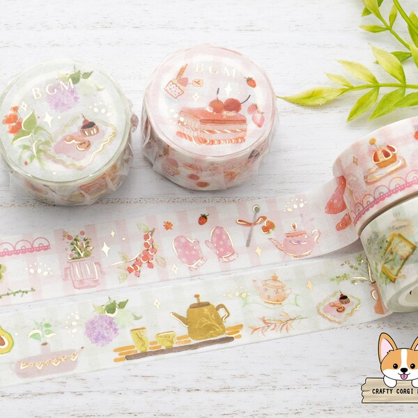 1 roll | 20mm | BGM | Tea Time Gold Foil Washi Tape | Strawberry - Matcha