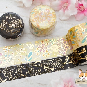 1 or 2 pc set | 20mm or 30mm | BGM | SPRING LIMITED Japanese Cherry Blossom Foil Washi Tape | Gold - Glossy Black