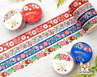 1 or 2 pc set | 15mm | World Craft | Folk Costume Pattern Mineee Gold Foil Washi Tape | Suzani - Tenango - Juicy Blue - Flower Bloom