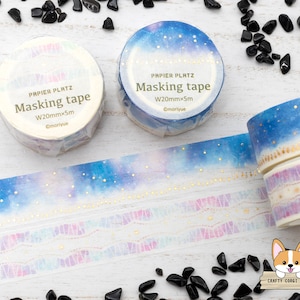 1 roll | 20mm | Papier Platz x Moriyue | Night Sky Watercolor Gold Foil Washi Tape | Stardust - Aurora