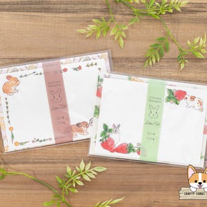 May include: Two sets of stationery featuring a cute bunny rabbit design. The paper is white with a light pink border and a floral pattern. The text on the paper reads "Schnucki's  Mauspapier" and "Letter Set".