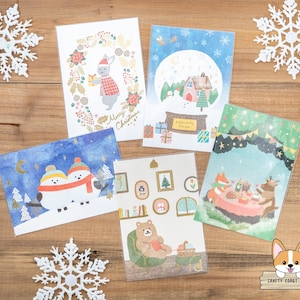 1 feuille | Furukawashiko | Cartes postales feuille d'or d'hiver | Père Noël Lapin - Boule à neige - Ciel nocturne ShimaEnaga - Ours en tricot - Fête de la forêt