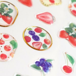 May include: A set of colorful fruit stickers with a glossy finish. The stickers feature strawberries, cherries, and blueberries with green leaves. The stickers are perfect for adding a touch of whimsy to planners, journals, and other craft projects.