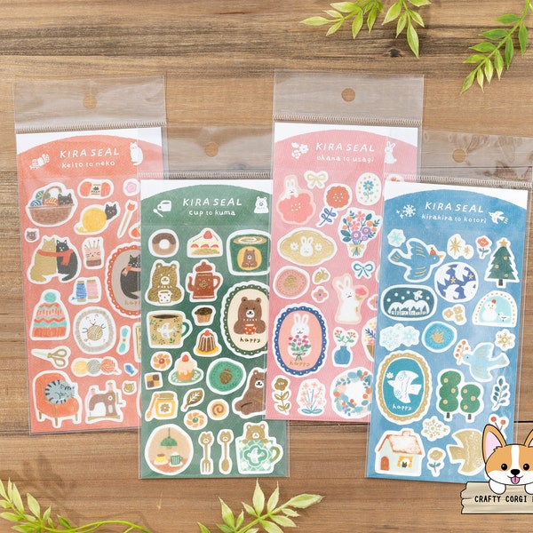 1 or 2 pc set | Furukawashiko | Winter KIRA Gold Foil Washi Stickers | Cat and Yarn - Bear and Cup - Rabbit and Flower - Bird and Twinkle