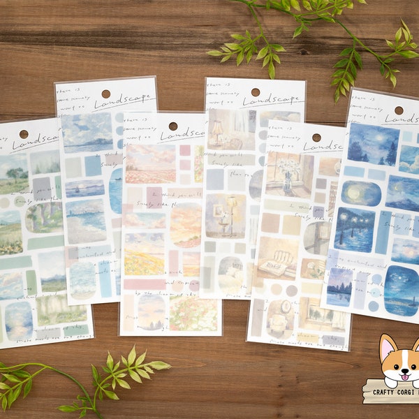 1 or 2 pc set | Mind Wave | LANDSCAPE Tracing Paper Stickers | Komorebi - Morning Calm - Sunset Clouds - Late Night - Twilight - Moonlight