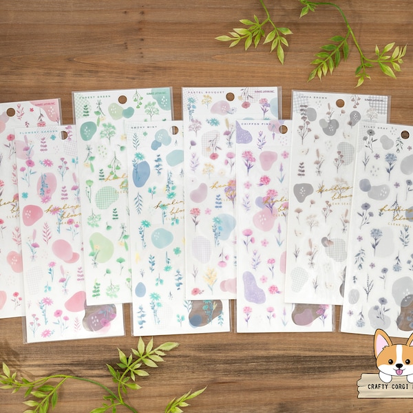 1 or 2 pc set | Kamio | HEALING BLOOM Stickers | BlossomRed ChiffonPink ForestGreen SmokyMint PastelBouquet FlowerGarden CocoaBrown SilkGray