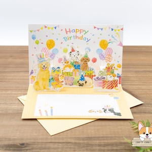 1 cartão, 1 envelope | NB | Cartão de felicitações pop-up 3D com estampa de cachorros WANKOROBI | Feliz Aniversário