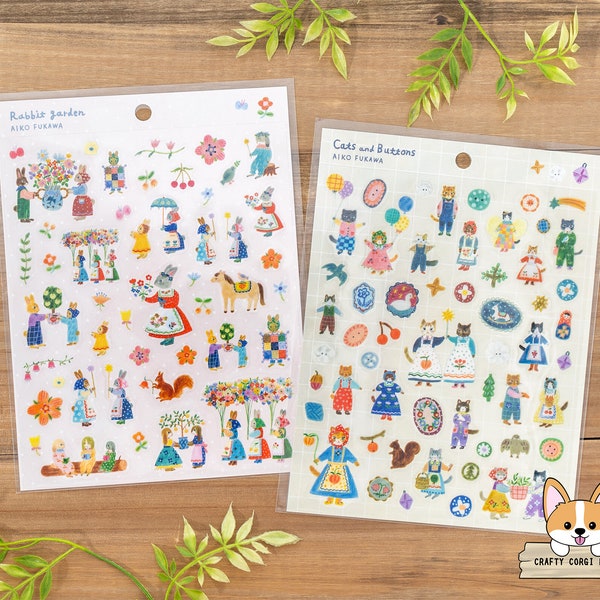 1 or 2 pc set | Hyogensha x Aiko Fukawa | COZYCA PRODUCTS Animal Clear Stickers | Rabbit Garden - Cats & Buttons