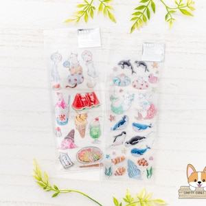 1 feuille | Active x Tocoro Comugi | SUMMER - Stickers en résine 3D goutte d'or avec paillettes | Sous la mer - Cuisine d'été