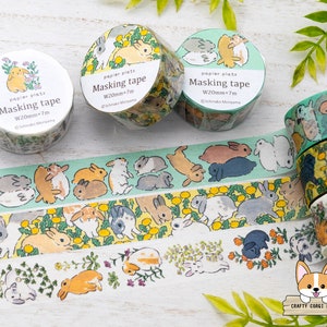 1 roll | 20mm | Papier Platz x Schinako Moriyama | Bunny Washi Tape | Resting Rabbit - Rabbit & Dandelion - Rabbit and Flower