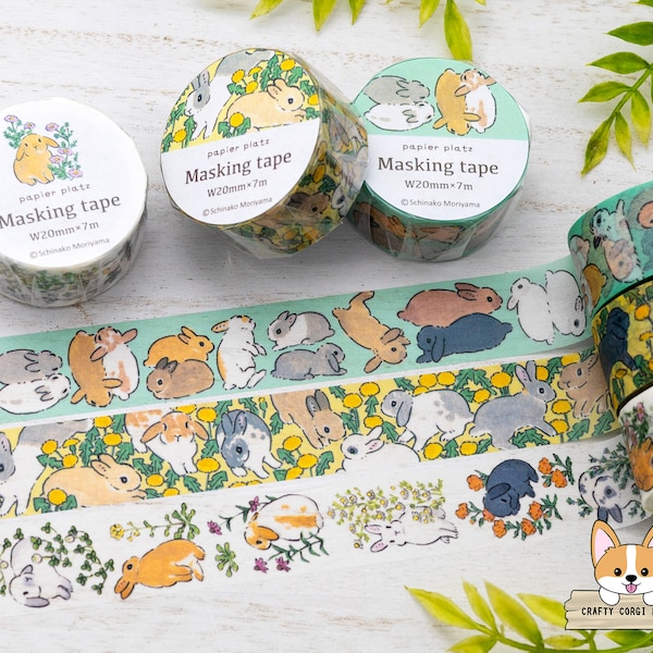1 roll | 20mm | Papier Platz x Schinako Moriyama | Bunny Washi Tape | Resting Rabbit - Rabbit & Dandelion - Rabbit and Flower