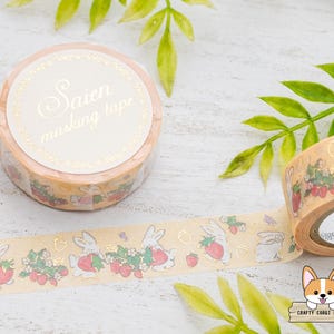 1 rouleau | 15 mm | Kamiiso SAIEN | ROULEAU adhésif en papier Washi, feuille d'or printanier | Fraise et lapin