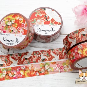 1 Rolle | 15mm | Kamiiso KIMONO | HANA Serie Goldfolie Yuzen Washi Tape | Kranich - Vier Jahreszeiten Sakura
