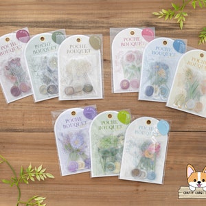 36 teilig | Q-lia | POCHE BOUQUET 2 Getrocknete Blumen sterben Schnitt durchsichtige Aufkleber | Altrosa Moosgrün Elfenbein Pink Blau Gelb Lila Lindgrün Pastell