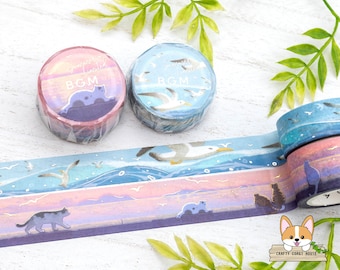 Set van 1 of 2 stuks | 15 mm of 20 mm | Achtergrondmuziek | Zomer beperkte zilver- of goudfolie Washi Tape | Meeuw - Katten aan zee