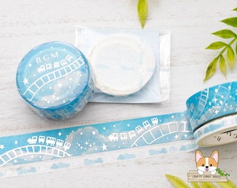 1 roll | 5mm or 15mm | BGM | Silver Foil Washi Tape | Blue Cloud - Sky Train