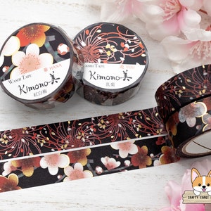 1 rollo / 15 mm / Kamiiso KIMONO / HANA y YUU Series Gold Foil Yuzen Washi Tape / Crisantemo - Ciruela roja y blanca