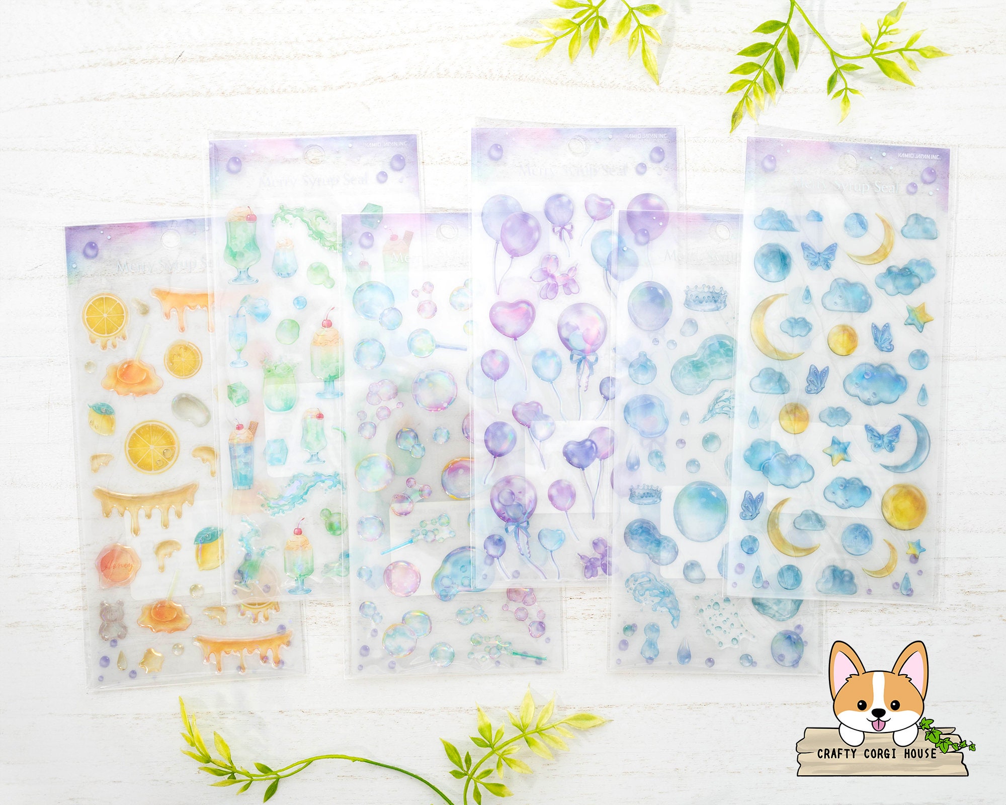 1 feuille | Kamio | Stickers transparents en aluminium MERRY SYRUP DROP | Miel - Soda crème - Bulle - Ballon - Eau - Nuit