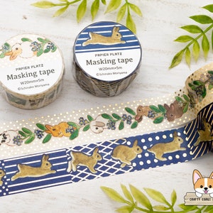1 roll | 20mm | Papier Platz x Schinako Moriyama | Bunny Gold Foil Washi Tape | Forget Me Not & Rabbit - Running Rabbit