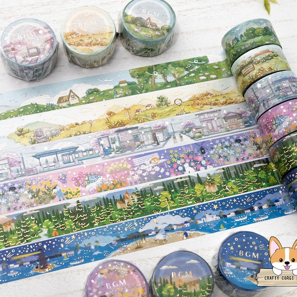 1 roll | 20mm | BGM | LITTLE WORLD Foil Washi Tape | Farm - Countryside - Seaside - Firefly Garden -  Forest - Harbor