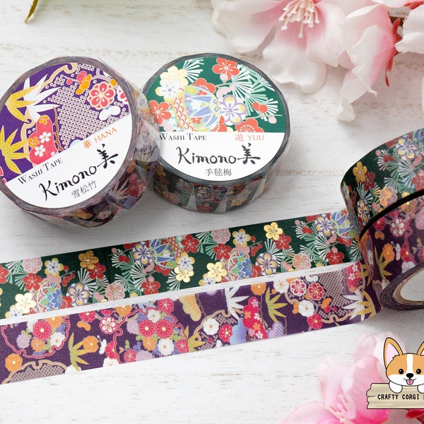 1 oder 2teiliges Set | 15mm | Kamiiso KIMONO | HANA und YUU Serie Goldfolie Yuzen Washi Tape | Temari (Handball) Pflaume - Verschneiter Kiefern-Bambus