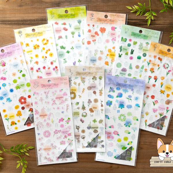 1 or 3 pc set | Kamio | FLEURAGE FLEUR Stickers | Gerbera - Marguerite - Herb - Rose - Succulent - Tulip - Sakura - Dried Flower - Hydrangea