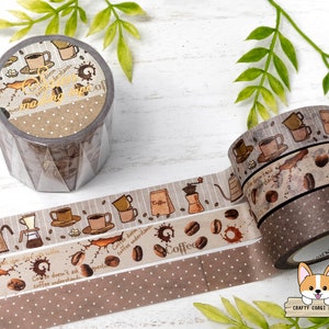 3 rollos / 15 mm / Kamiiso SAIEN / Cinta Washi de Café / Café - Granos de Café - Lunares