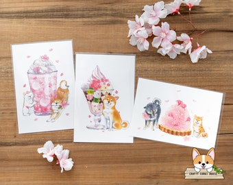 1 or 3 pc set | Active x Natsuka Murata | Shiba Inu & Delicious Spring Postcards | Sakura Latte - Sakura Parfait - Sakura Mont Blanc