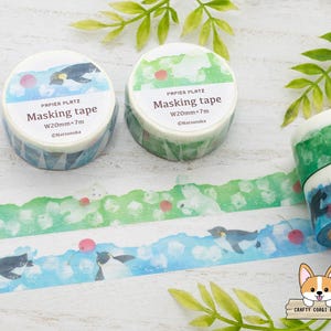 1 roll | 20mm | Papier Platz x Natsunoka | Animal Soda Washi Tape | Polar Bear (Melon Soda) - Penguin (Cream Soda)