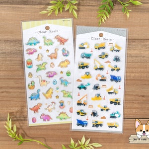 1 vel | NB | Stickervellen doorzichtige hars | Dinosaurus - bouwvoertuig