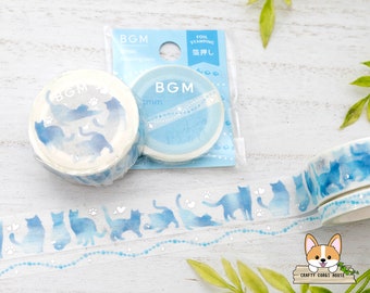 1 or 2 pc set | 5mm or 15mm | BGM | Silver Foil Washi Tape | Blue Pearl - Blue Cat