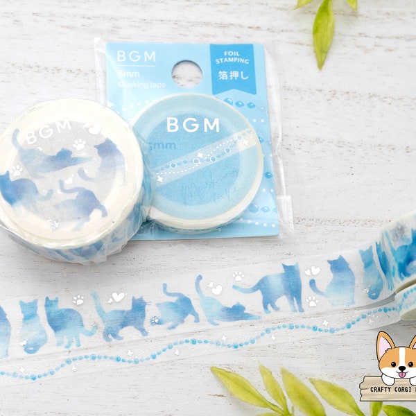 1 or 2 pc set | 5mm or 15mm | BGM | Silver Foil Washi Tape | Blue Pearl - Blue Cat