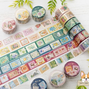 1 roll | 20mm | BGM | Post Office Stamp Foil Washi Tape | Pink Plant - Yellow Plant - Green Plant - Blue Plant - Dessert - Landscape