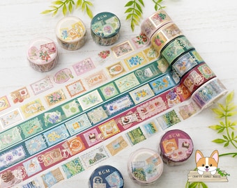 1 roll | 20mm | BGM | Post Office Stamp Foil Washi Tape | Pink Plant - Yellow Plant - Green Plant - Blue Plant - Dessert - Landscape