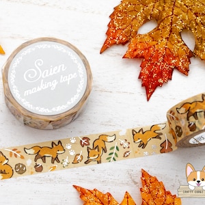 1 rol | 15 mm | Kamiiso SAIEN | Herfstzilverkleurige washitape | Vos en gevallen bladeren