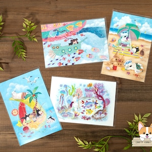 1 hoja / Activo x Yukako Ohde / Postales de verano de oso polar y pingüino / Isla de la fruta - Castillo de arena - Bajo el mar - Barco de vela