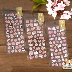 1 sheet | Active | SPRING LIMITED Japanese Cherry Blossom Gold Foil Textured Washi Stickers | Panda - Bird (Java Sparrow) - Rabbit