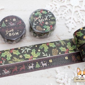 1 rouleau | 15 mm ou 20 mm | Musique d'ambiance | Ruban adhésif washi en feuille d'or en édition LIMITÉE XMAS | Botanic (houx, pomme de pin, sapin) - point de croix