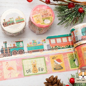 1 rollo / 30 mm / BGM / NAVIDAD LIMITADA Cinta Washi Dorada / Sello Postal Tren - Animal