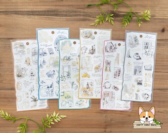 May include: Set of 7 sheets of decorative stickers featuring hand-drawn illustrations of houses, plants, and other homey details. The stickers are printed on white paper with a light blue, pink, and gray color scheme.