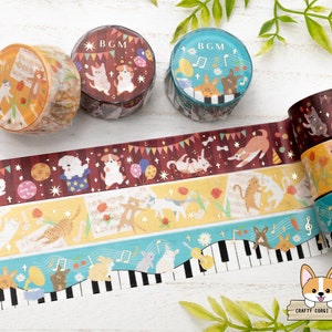1 rollo / 20 mm / BGM / Cinta Washi con estampado de animales dorados / Circo de perros - Música de gatos - Piano de conejos