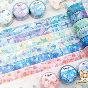1 Rolle | 20mm | SAIEN | Gold x Silber Washi Tape | Delfin - Hai - Manta Rochen - Mondfisch - Meerengel - Drachenfisch