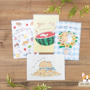 1 foglio / Active x Schinako Moriyama / Cartoline estive di coniglio / Punch di frutta - Anguria - Bouquet di girasoli - Cappello di paglia
