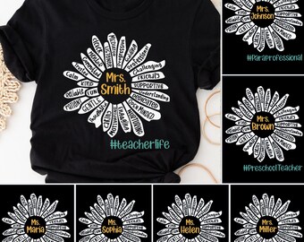 Personalized Teacher Daisy Flower T-Shirt, Back To School Shirt For Teacher, Para, Counselor, Educator, Lunch Lady, 1st Day of School Outfit