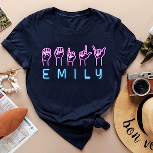 ネオンサイン言語カスタムシャツ、カスタマイズされたASL Tシャツ、パーソナライズされた手話ギフト、ASLシャツ、手話ギフトシャツ