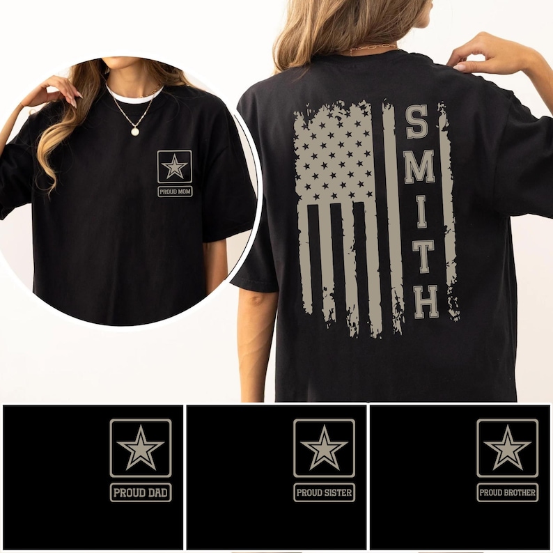 May include: Black t-shirt with a distressed American flag design on the back and the name "SMITH" printed vertically. The front features a star emblem and the text "PROUD MOM". Additional designs include "PROUD DAD", "PROUD SISTER", and "PROUD BROTHER".